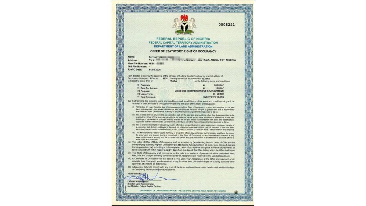 CofO Residential Land for Sale in Wuye Abuja – 1,200sqm